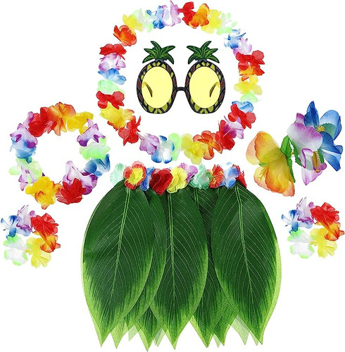 7 Piezas Luau Trajes Hawaianos Con Diseño Hojas Hierba Falda