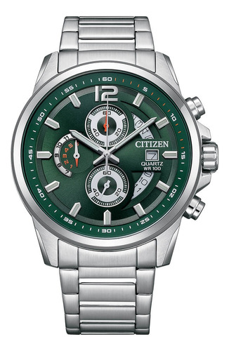Reloj Citizen An369056x Para Hombre Cronógrafo Fechador Malla Plateado Bisel Verde Fondo Verde