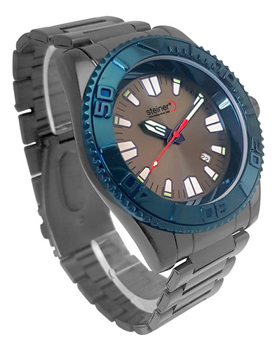 Reloj Steiner Analogo Extensible Acero Inoxidable Dial 3atm Correa Gris oscuro Fondo Negro