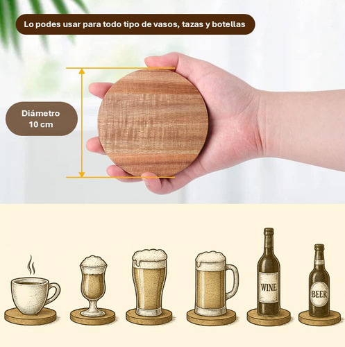 Posavasos Madera Con Destapador De Botellas 6u + Contenedor Bambú Natural