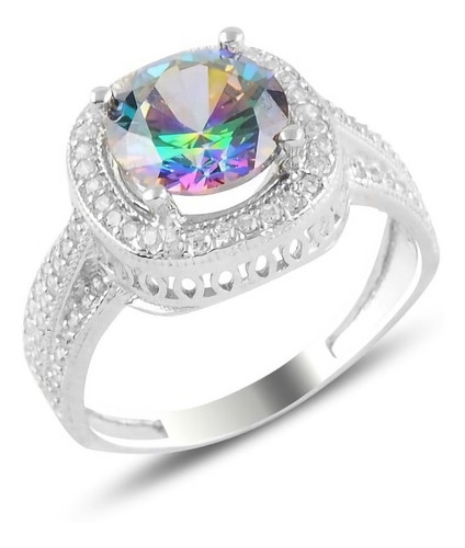 Bonito Anillo De Plata .925 Piedra Topacio Místico Redondo