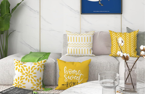 4Pcs Fundas de Cojín De 45x45cm Funda de Almohada de Sofá Moderno Geométricas Impresión de Doble Cara Color Amarillo