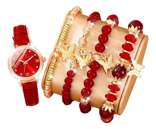 Set Reloj Rojo Para Mujer Reloj Dama Con Pulseras Kit