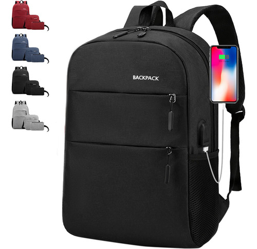 Set 3 piezas Mochila Impermeable Antirrobo con Puerto Usb Adilier 16L Color Cosmic Black