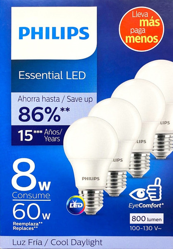 Paquete 4 Piezas Foco Philips 8w (60w) Led Luz Fria 6500k