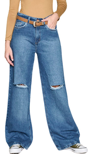 Jeans Wide Leg Cenitho Mujer Calce Perfecto Rígido Tiro Alto