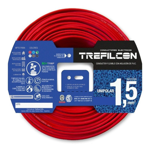 Cable Unipolar 1,5mm Normalizado Trefilcon Rojo Rollo X 100m