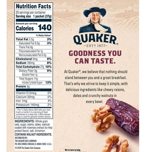 Quaker 20 Pack Avena Instantánea Raisin, Date & Walnuts