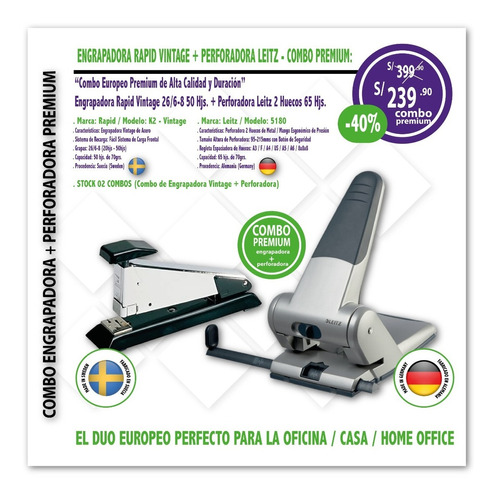 Engrapadora Rapid Vintage + Perforadora Leitz - Combo Plus