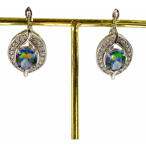 Aros Hoja Topacio Mistico Mágico Arcoíris Chapado Oro Blanco