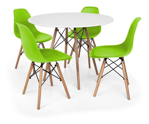 Kit Mesa Jantar Eiffel 90cm Branca + 4 Cadeiras Eames Eiffel Cor Verde