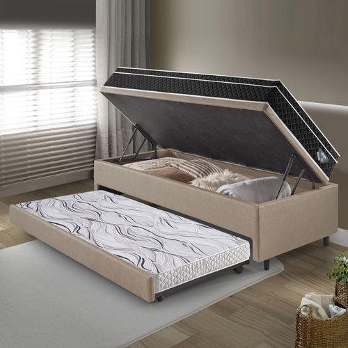 Bicama Box Baú + Colchão Gransleep Molas Courino Bege 88x188