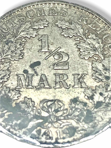 Moneda Plata Alemania Imperial 1/2 Marco Año 1919-e Ley .900 (Usado)