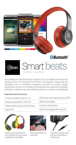 Audífonos Bluetooth Fm Micro Sd Mlab Smart Beats Red
