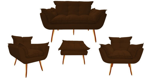 Namoradeira + 2 Poltronas + Puf Opala Suede Marrom Sala