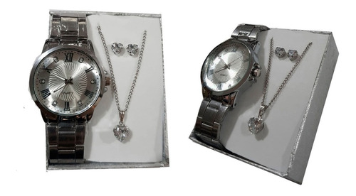 Relógio Feminino Dourado + Kit Colar E Brinco Foliado + Caix