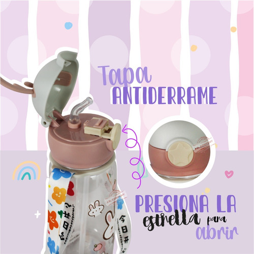 Imagen 4 de 9 de Botella De Agua Kawaii 600 Ml Crossbody Animalitos 600180