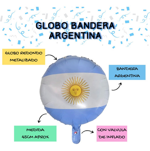 Globo Bandera Argentina Redondo Metalizado 45cm - X5unid