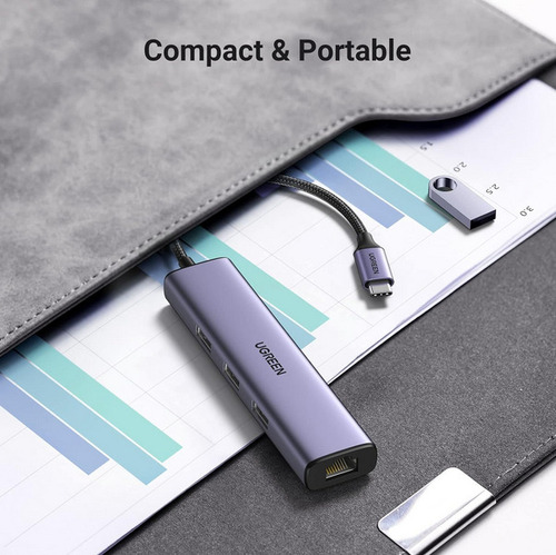 Hub 4 Em 1 Ugreen Usb Tipo-c Para 3* Usb 3.0 + Rj45 Ethernet