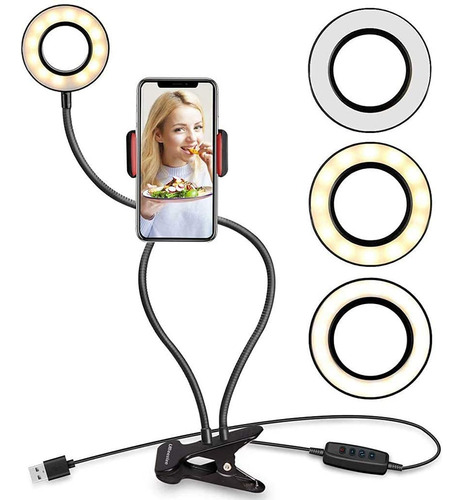 Aro Luz Led Selfie + Soporte De Celular Flexible Con Pinza