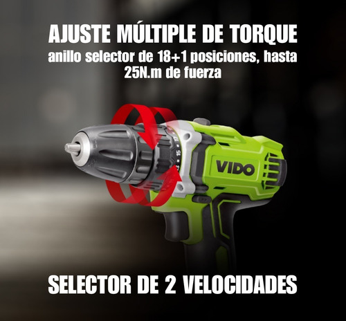 Imagen 8 de 10 de Taladro Inalámbrico Vido 12v Con Maleta Y Accesorios