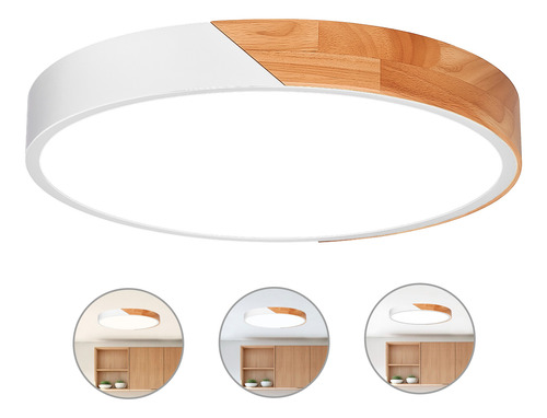 Luminaria De Techo Led 24w Metal Y Madera 40cm Redonda