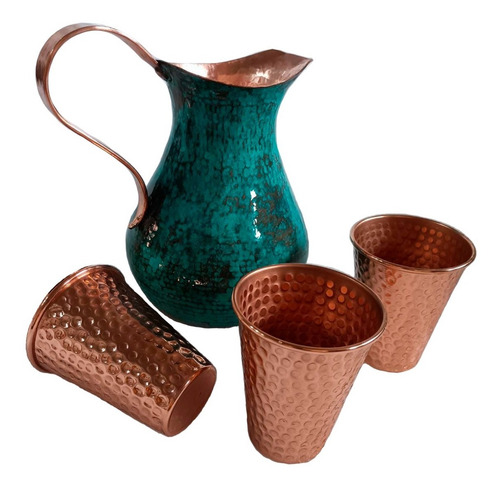 Jarra Verde Con 3 Vasos (set 4 Piezas) 100% Cobre De Lujo. Verde