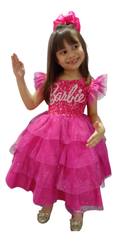 Vestido Infantil Barbie Pink Babados Glitter Brilho Luxo