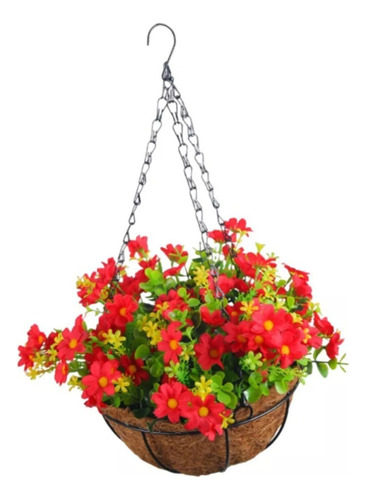 Maceta Colgante Con Flores Artificiales En Cesta