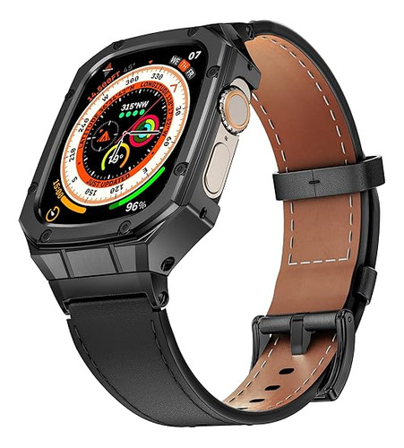 Malla De Cuero Y Funda Para Apple Watch 49 Ultra/ultra2 Neg.