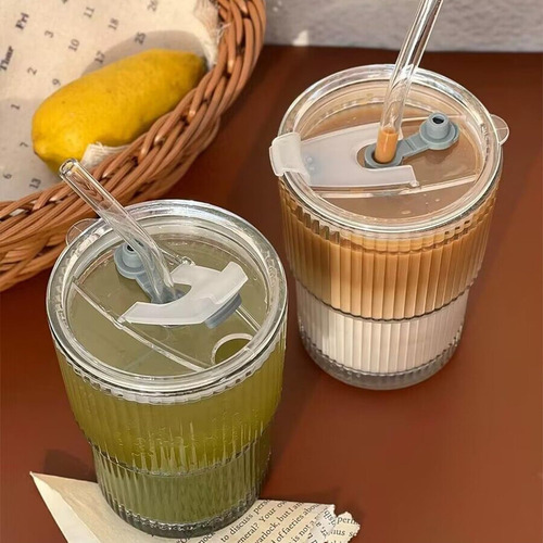 Q Taza De Vidrio Con Tapa Y Pajita,juego De Tazas De Café