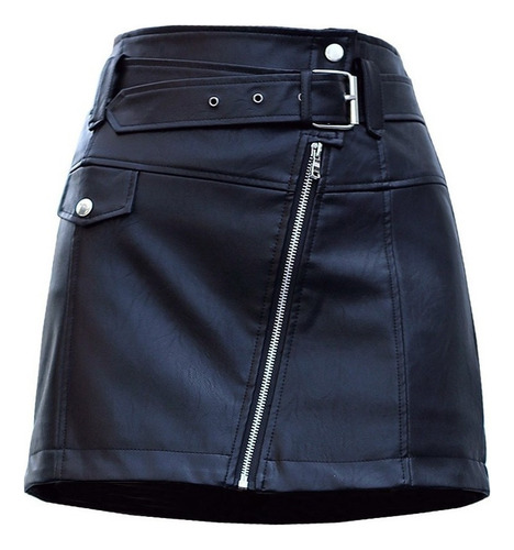 Falda Corta De Mujer De Cuero Con Cremallera Frontal Falsa