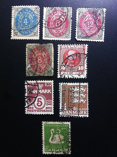 8 Timbres Estampillas Postales Dinamarca 1875 + Regalo