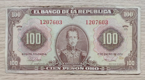 Colombia 100 Pesos Oro 1 Enero 1951 7 Digitos