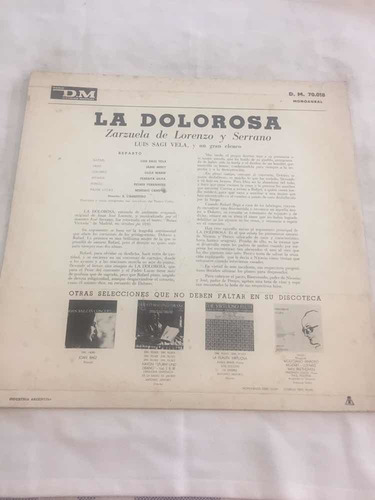 La Dolorosa Luis Sagi Vela Zarzuela Disco Vinilo Lp (Usado)