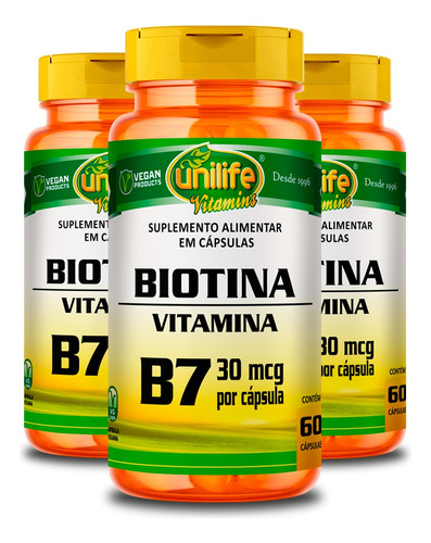 Kit 3 Vitamina B7 Biotina 60 Cápsulas Unilife Sabor Neutro