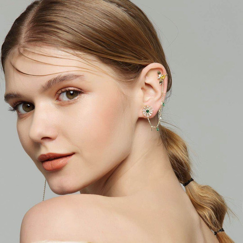 Imagen 3 de 9 de Aretes Escaladores De Plata 925 Con Zirconia, Abeja Y Flor