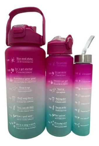 Kit Garrafa Motivacional Água Alça Adesivo 3d 1l 2l Squeeze Cor Pink/Branco/Azul