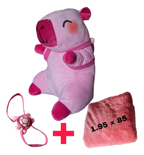 Peluche Capibara Grande Con Manta Y Mochila Tortuga Rosa Pálido