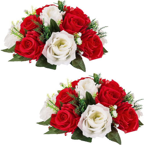 Flores Artificiales 15 Cabezas De Rosas Rojo Y Blan Pack 2u.