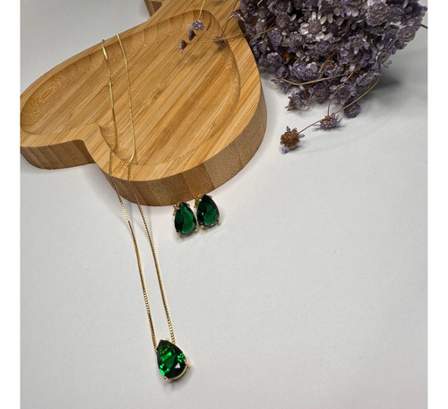Conjunto Colar Brinco Gota Verde Folheado Ouro 18k Envi Full Cor Dourado