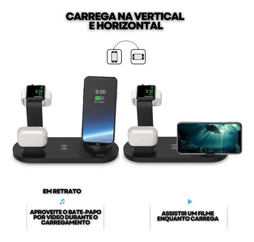 Base De Carregamento Indução 7 Em 1 Para Iphone E Smartphone Preto