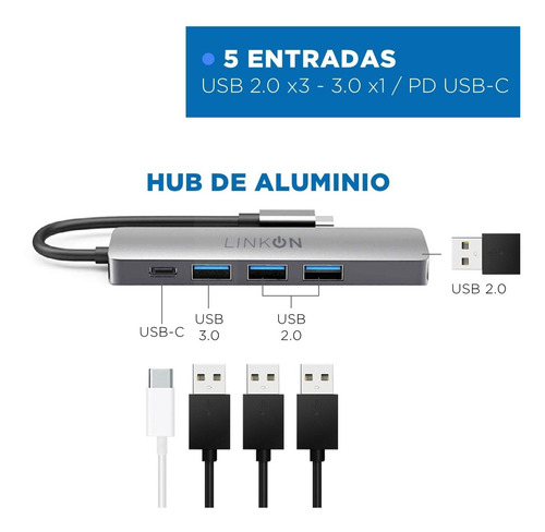 Imagen 2 de 10 de Hub Adaptador Usb Tipo C 5 En 1 Linkon Para Mac Macbook Win