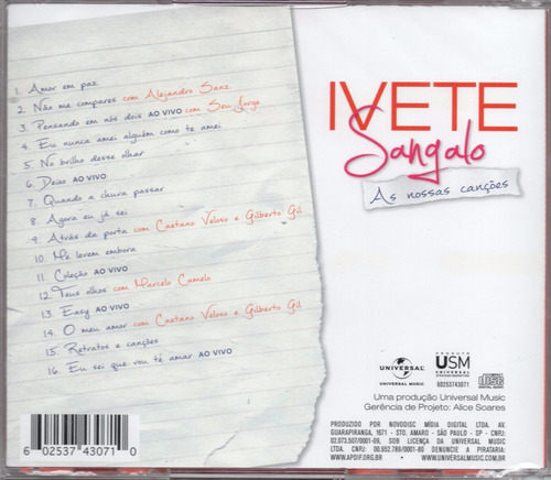 Ivete Sangalo Cd As Nossas Canções Novo Original Lacrado