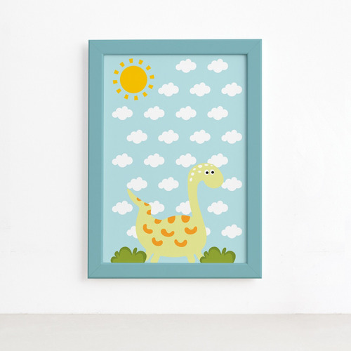 Quadro Infantil Dinossauro Baby Amarelo 22x32 Moldura Azul