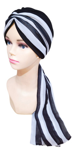 Turbante Para Mujer Gorro Algodón /banda De Shifon-mascada Color Negro Rayas