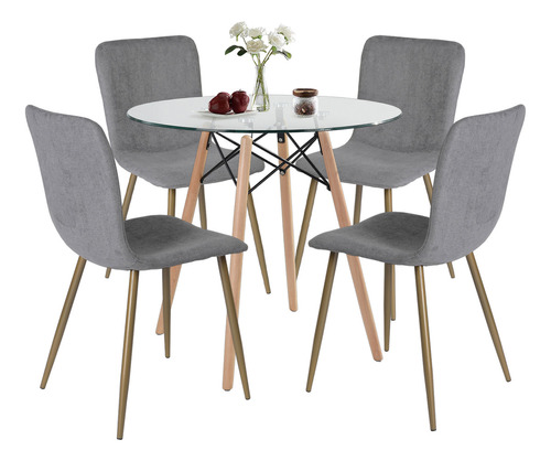 Comedor 4 Sillas Gris Oscuro, Incluye 1 Mesa Comedor Redonda Transparente Y 4 Sillas Comedor Coloyr Gris Oscuro Homemake Furniture