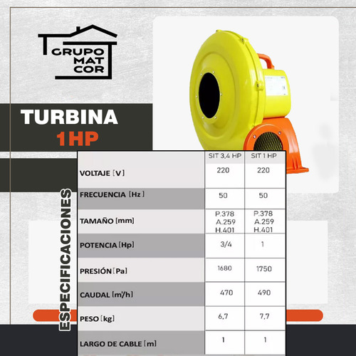 Turbina Motor Para Inflables Sit 2 Hp Premium Silenciosas Amarillo