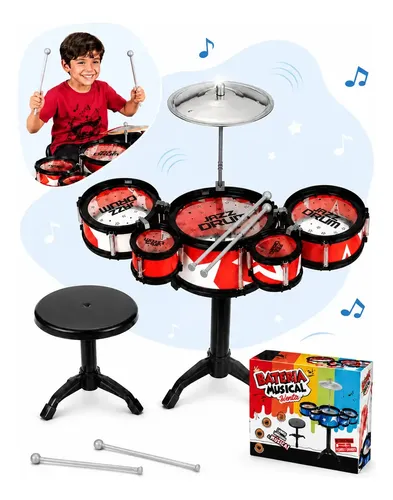 Mini Bateria Infantil Completa Com Banquinho Instrumento 5 Tambores Brinquedo Me