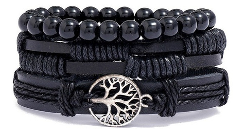 Pulsera De Cuero Árbol De La Vida Color Negro